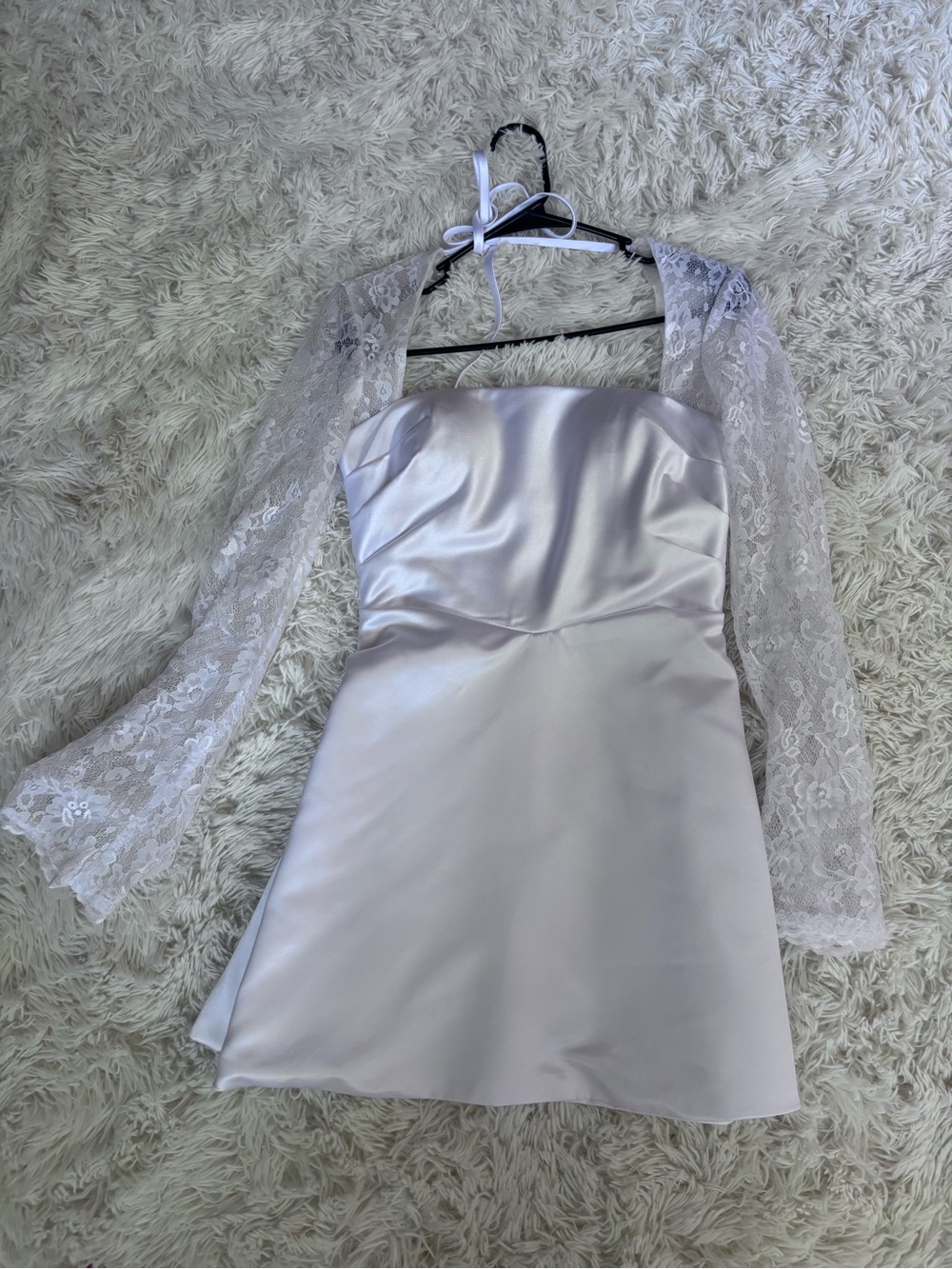 Satin Strapless Mini Dress with Lace Sleeves - Ivory